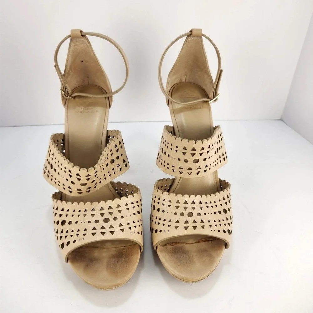 Tory Burch Women's Size 11M Beige Leather Laser Cut Ankle Strap High Heel Sandal
